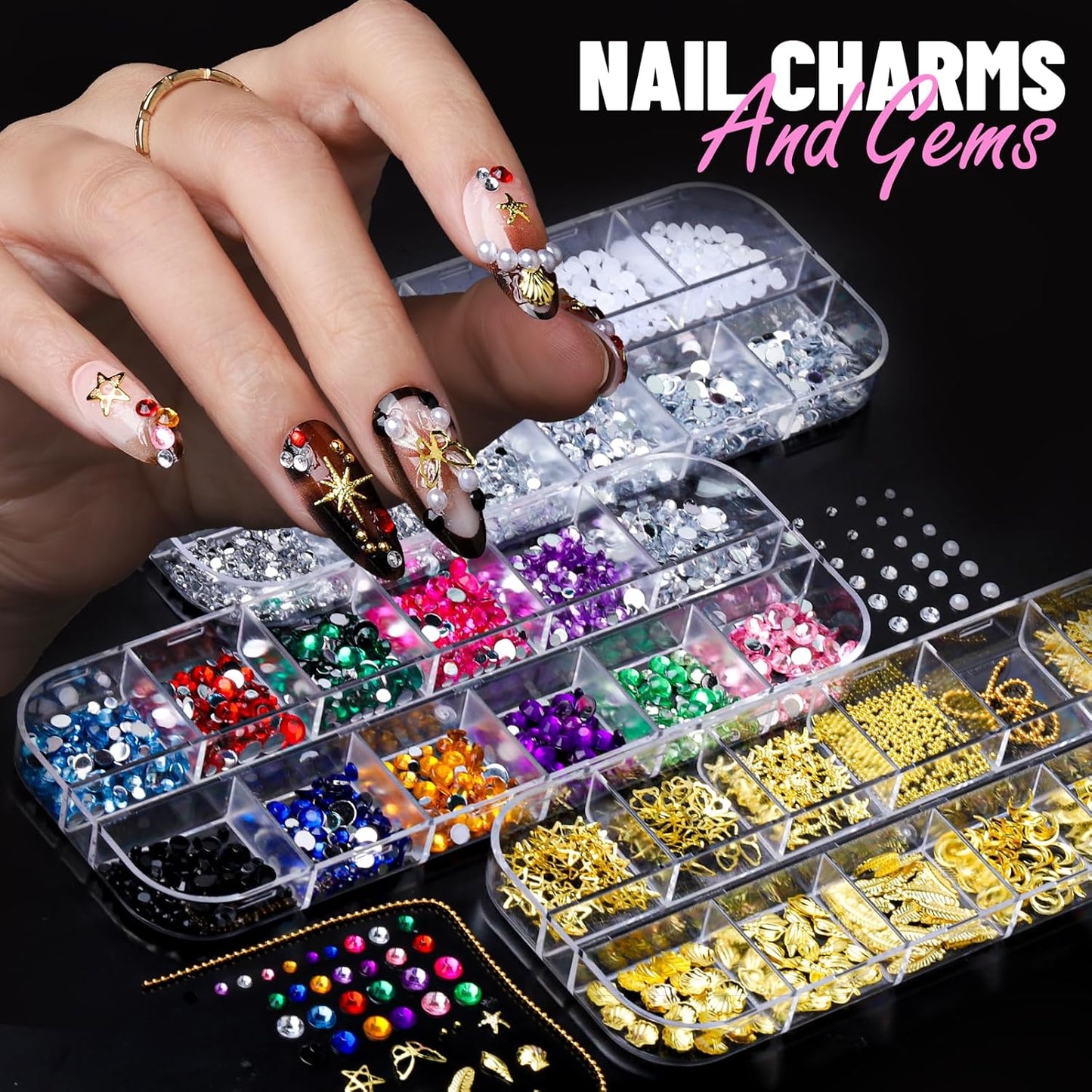 FANDAMEI Nail Art Brushes, Nail Art Kit with Nail Art Brush, Dotting Tools, Nail Rhinestones Pearls, Nail Charms and Gems, Nail Stickers for Women Decals, Nail Stand for Press on, Nail Design Kits