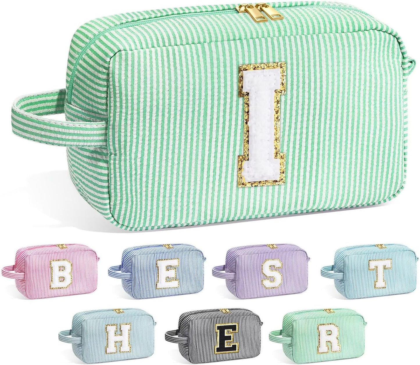 YOOLIFE Gifts for Women, Personalized Birthday Gifts for Women Girlfriend Her Friend Mom Grandma Daughter Wife, Bridesmaid Gifts, Monogram Initial Girls Preppy Makeup Bag, Green I