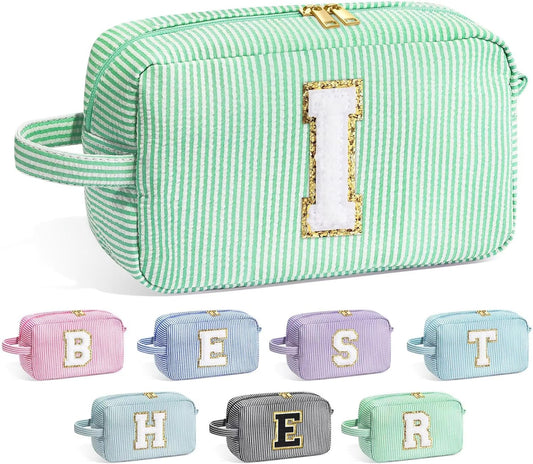 YOOLIFE Gifts for Women, Personalized Birthday Gifts for Women Girlfriend Her Friend Mom Grandma Daughter Wife, Bridesmaid Gifts, Monogram Initial Girls Preppy Makeup Bag, Green I