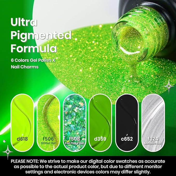 Beetles Neon Green Gel Nail Polish Set, Halloween Black Glitter Silver Brat Tribe Gel Polish with Rhinestones Soak off Uv Lamp Nail Festival Manicure Gift for Women