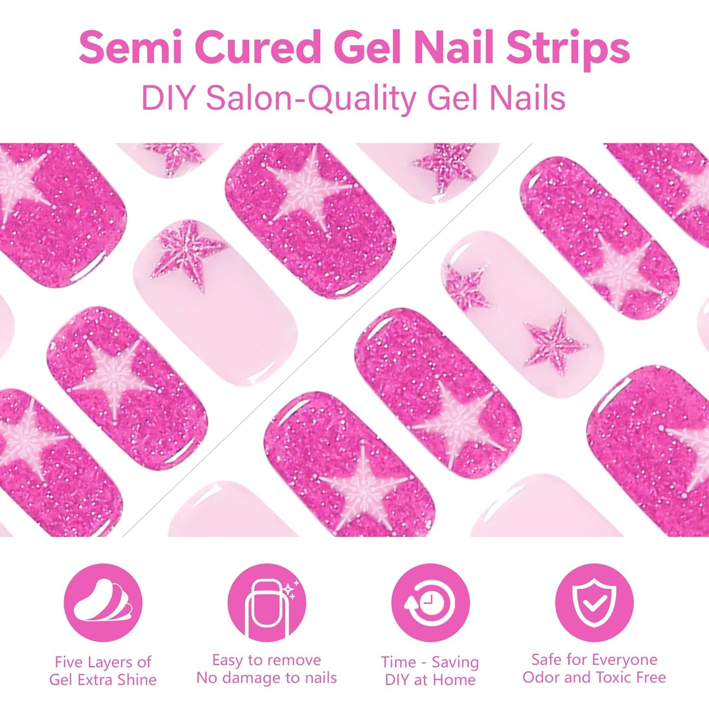 Semi Cured Gel Nail Strips-Magenta Shimmer Press on Nails with Pink Snowflakes & Stars Festive Winter Manicure Set Salon-Quality, Long Lasting, Easy On & Off(Pink Starlet)
