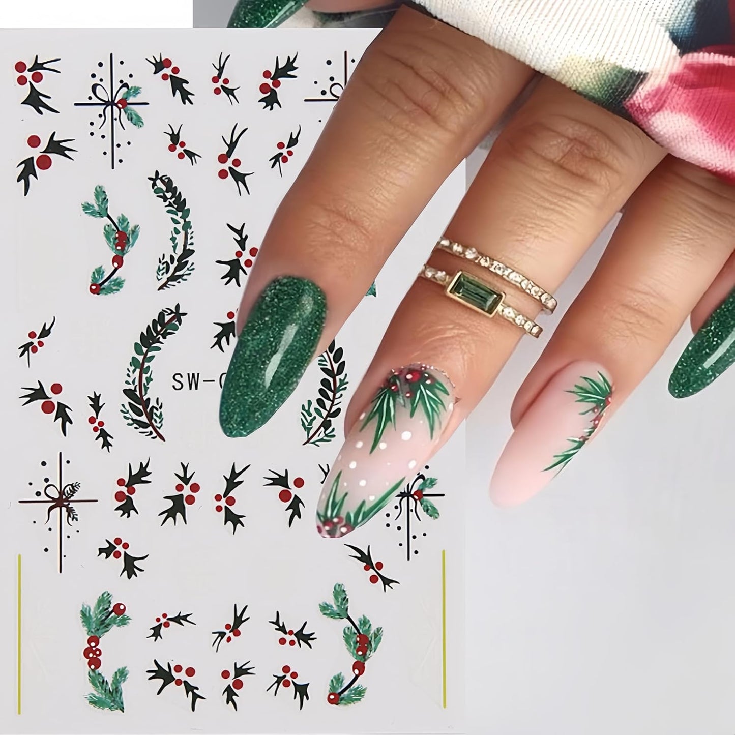 8 Christmas Nail Art Stickers Green French Snowflake Christmas Tree Elk Decal Stickers Silver Glitter Bell Bowknot Winter Design Suitable for Ladies Girls DIY Nail Art Decoration
