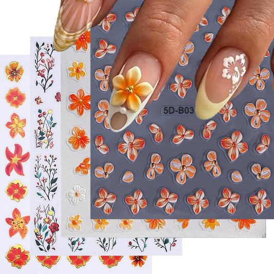 Flower Nail Stickers for Nail Art 3D Self-Adhesive Lily Hibiscus Tulip Flowers Nail Stickers Fall Floral Nail Decals Supplies for Women DIY Manicure Supplies Accessories 4 Sheets