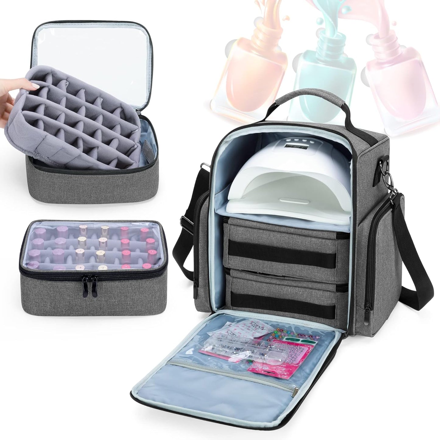 BAFASO Nail Polish Organizer Holds 48 Bottles (15ml - 0.5 fl.oz) and a Nail Lamp, Large Nail Polish Case with 2 Removable Pouches and Multiple Storage Sections (Patented Design), Gray