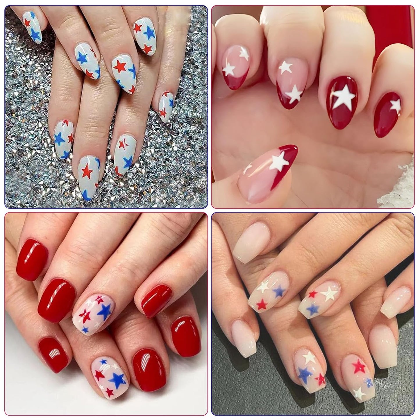 4th of July Nail Stickers, Laser Bright Red Blue White Star for Independence Day Patriotic Nail Decals, 3D Design Self-Adhesive USA Flag Glitter Star Nail Art (6 Sheets)