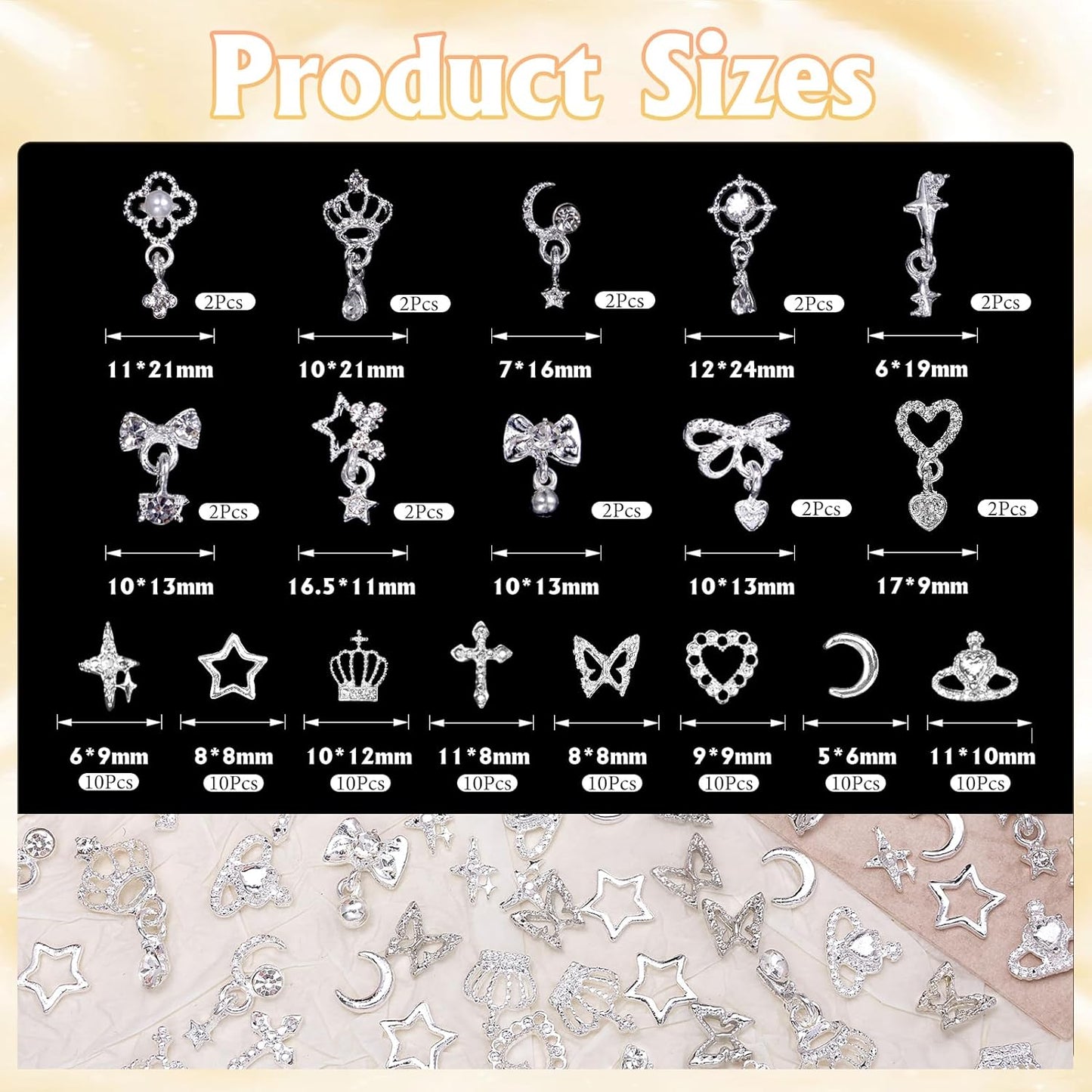 100 Pcs Silver Nail Charms and Gems, Silver Dangle Star Bows Nail Gems Charms, Metal Crown Heart Butterfly Charms for Acrylic Nail Art Alloy Cross Nail Charms for Women DIY Accessories