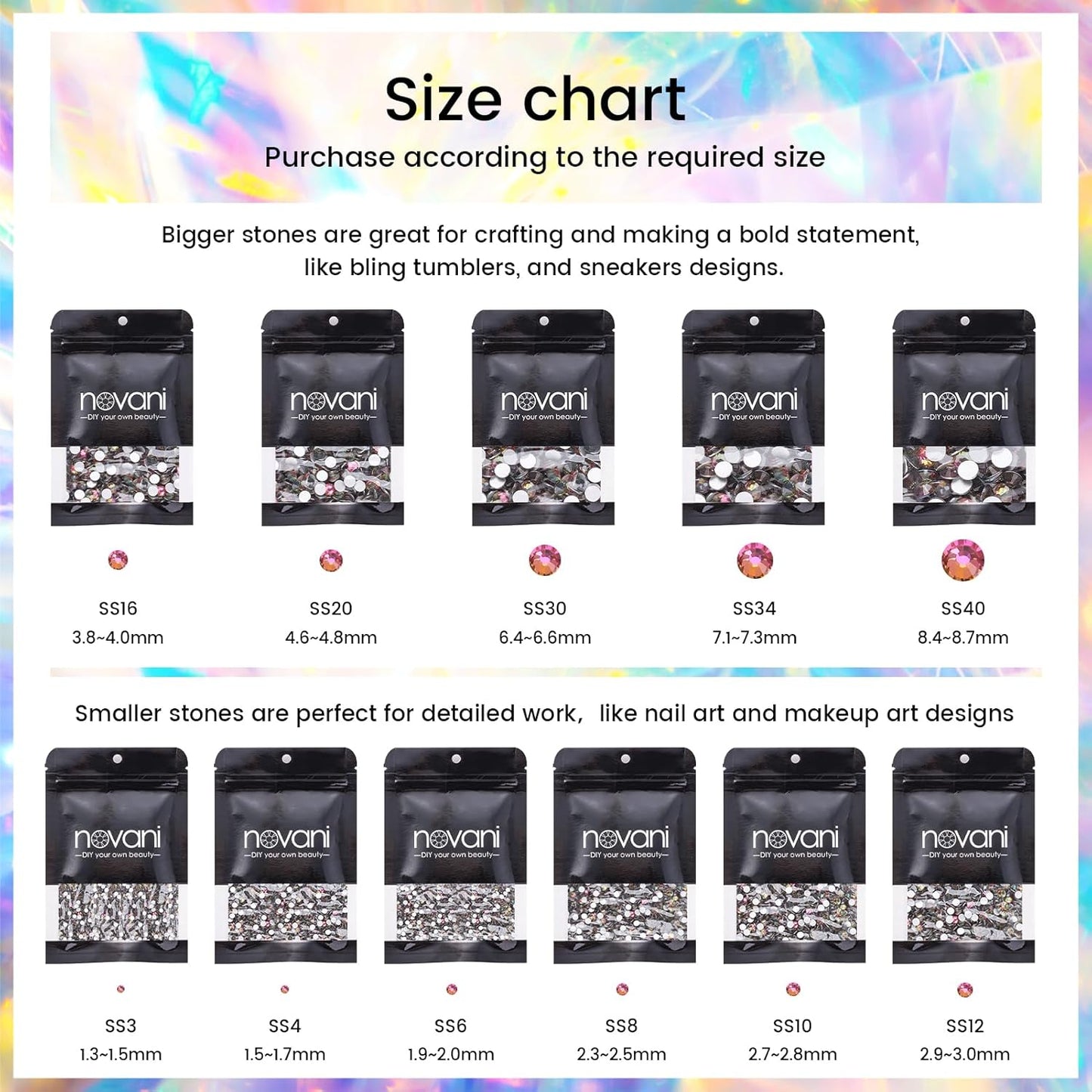 Novani Crystal Rhinestones, Flatback Loose Gemstones 288pcs Glass Rhinestones for Clothes Shoes Crafts Makeup Nail Art and DIY Decorations(SS30, Rainbow)