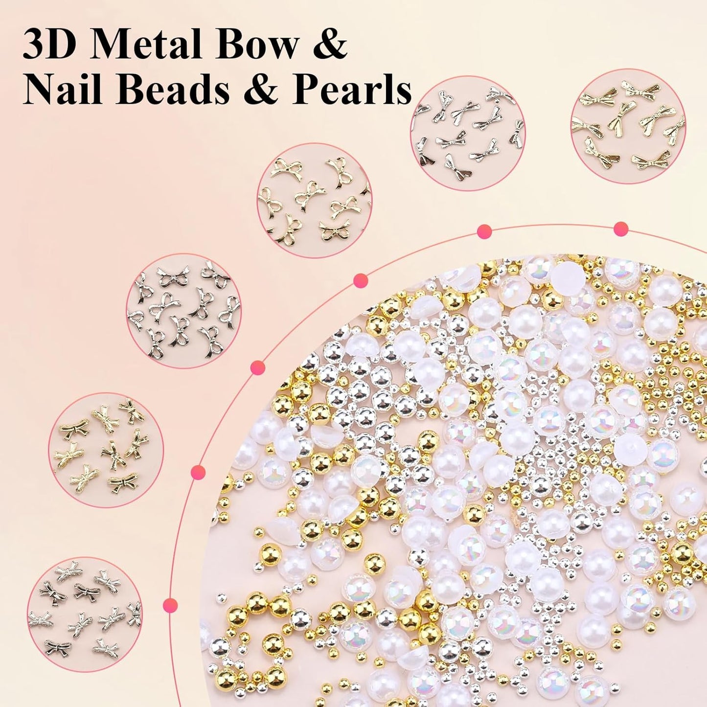 3D Metal Bowknot & AB Pearl and Mini Beads Nail Art Kit - Gold/Silver Alloy Bowknot, 1-2mm Stainless Steel Caviar Beads, 3mm Half Pearls for Professional Salon & DIY Manicure Jewelry Designs (Set 2)