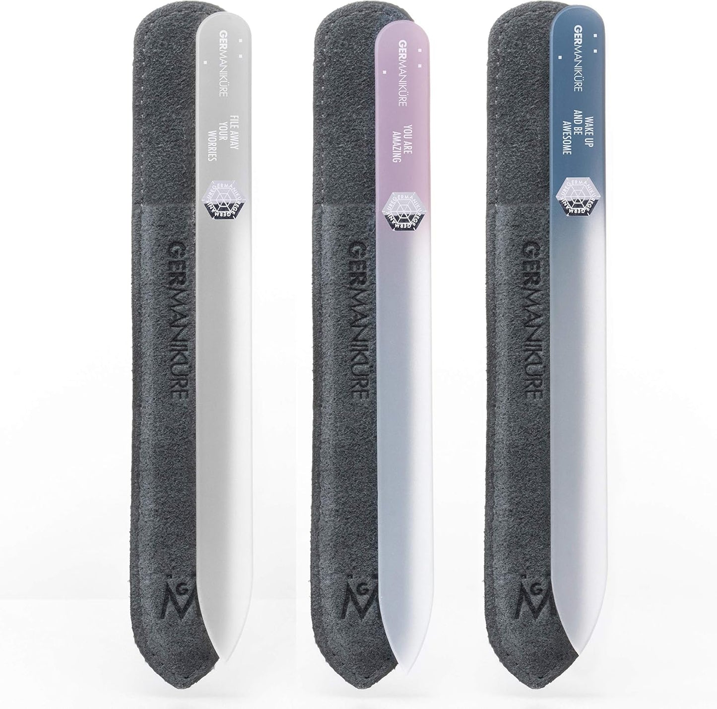 GERMANIKURE Czech Crystal Glass Nail File 3 Pack in Suede Leather Case - Professional Manicure & Pedicure Products for Smooth Easy Shaping of Natural Nails