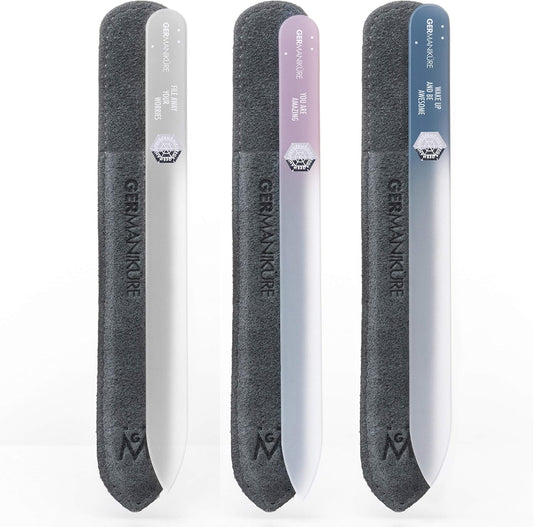 GERMANIKURE Czech Crystal Glass Nail File 3 Pack in Suede Leather Case - Professional Manicure & Pedicure Products for Smooth Easy Shaping of Natural Nails