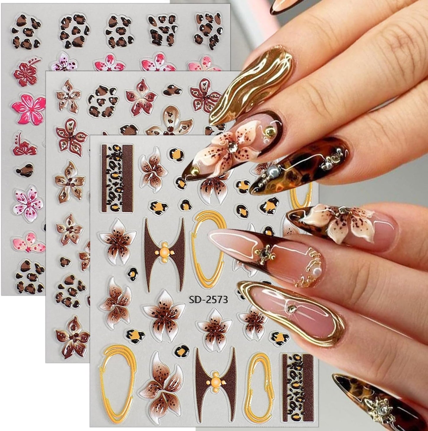 3 Sheets Flower Nail Stickers for Nail Art 5D Self-Adhesive Embossed Cute Floral Nail Art Stickers Leopard Nail Decals Summer Fall Flowers Nail Design Sticker for Women Nails Decoration