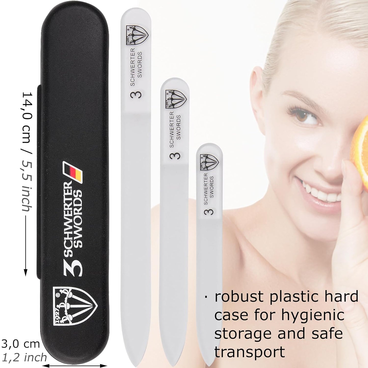 3 Swords Germany - Brand Quality Glass Nail File Set, 3 Pieces, Perfect for Natural Fake Gel Artificial Acrylic fingernail, incl. Black Plastic case