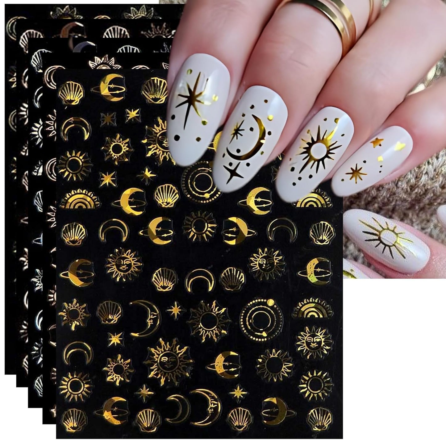 Gold Sun Nail Art Stickers - Sliver Moon Star Self-Adhesive 3D Nail Decals for DIY Golden Slivery Manicure (6 Sheets)