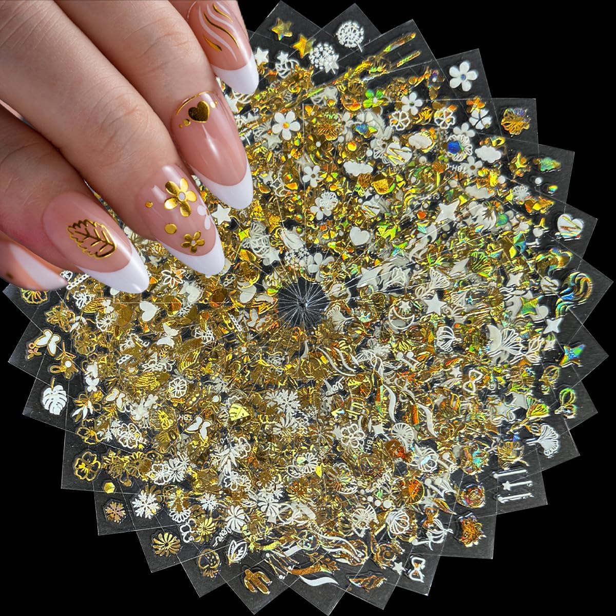 Gold Nail Art Stickers - 30 Sheets, 3D Self-Adhesive Leaf, Flower, Star, Moon, Heart, Snowflake Designs for Women & Girls