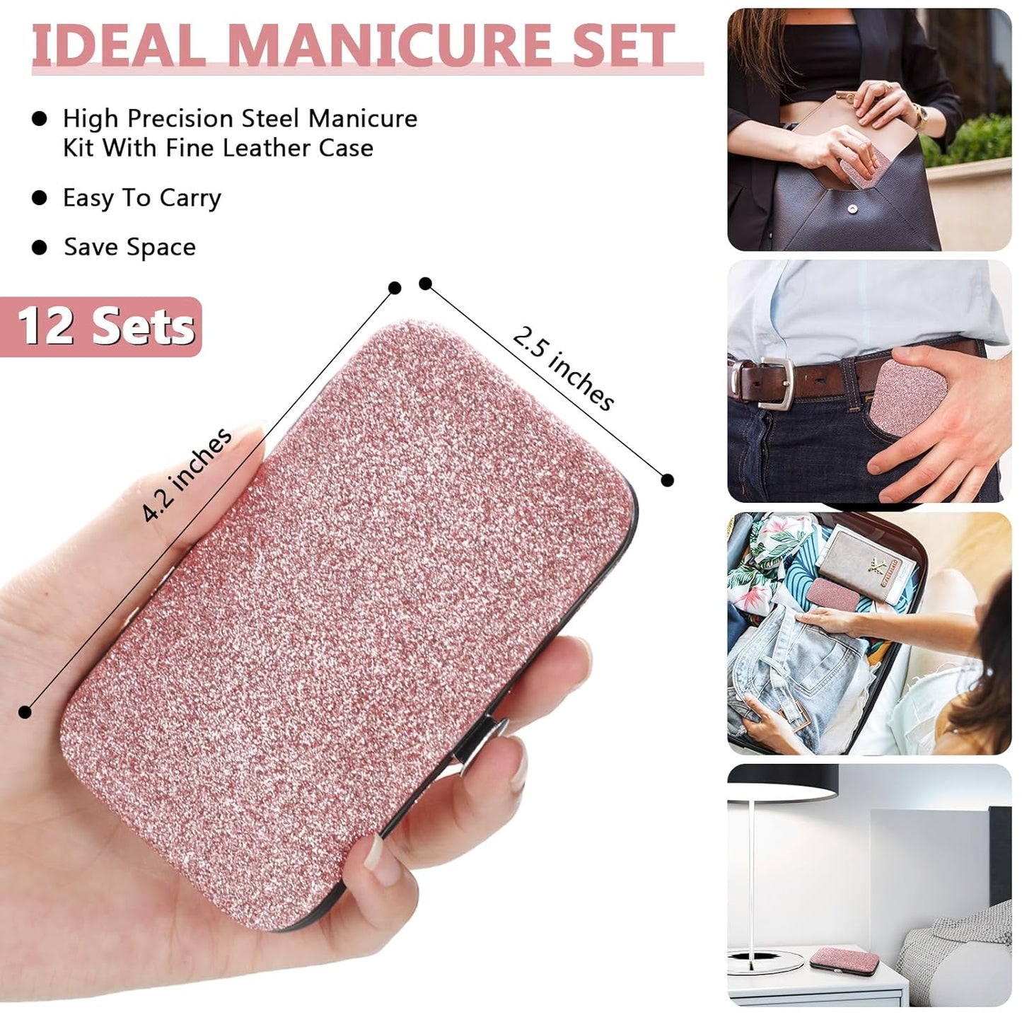 Geosar 12 Sets Manicure Set Nail Clippers Pedicure Kit 8 in 1 Grooming Stainless Steel Kits Nail Care Tools with Travel Case Xmas Gifts for Men Women(Glitter Pink)