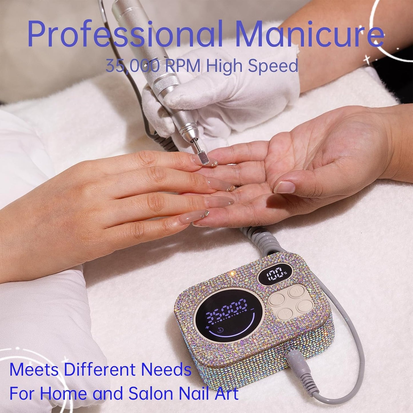 Professional Rechargeable Nail Drill 35000 RPM, Diamond Glitter Electric Nail File for Shaping, Removing & Polishing Gel Nails, Portable & Easy to Use, Ideal for Home & Salon Manicure Pedicure