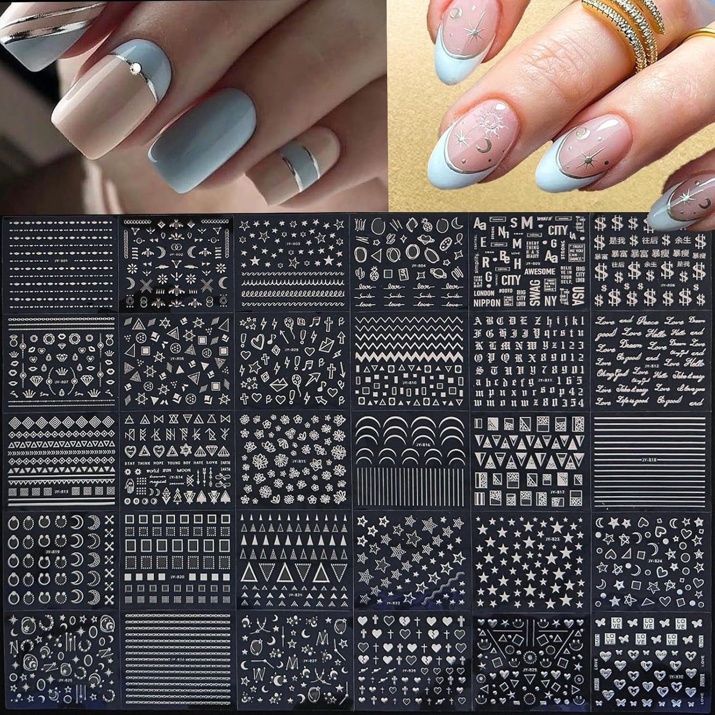 90 Sheets Silver Nail Art Stickers Holographic Laser Silver Nail Decals 3D Self Adhesive Nail Stickers for Nail Art Designs Star Line Flower Nails Supplies for Women Nail Decoration with Nail Tweezer