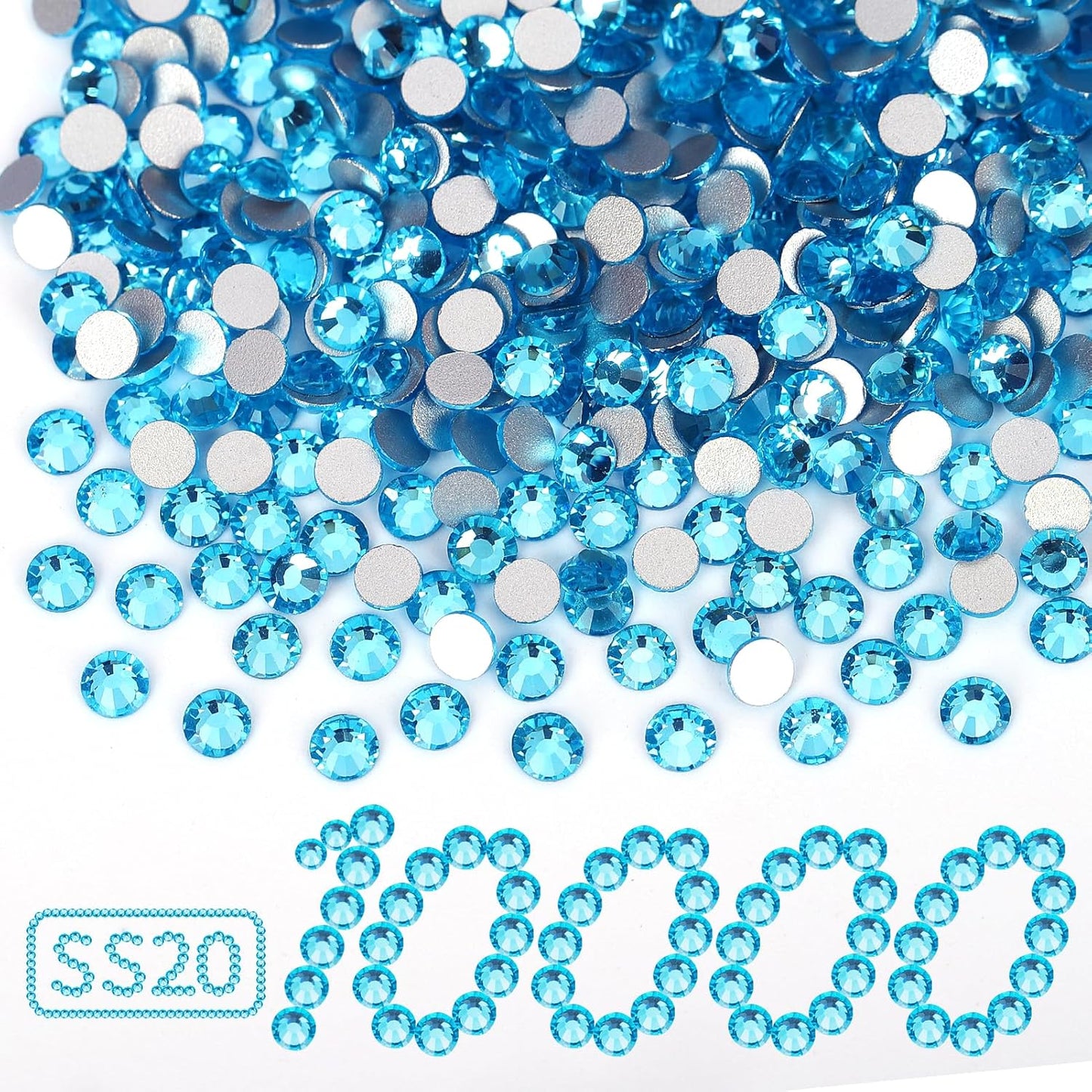 10000PCS Aquamarine Rhinestones Bulk, Flat Back Crystal Glass Stone Round Gems,SS20, 4.6-4.8mm