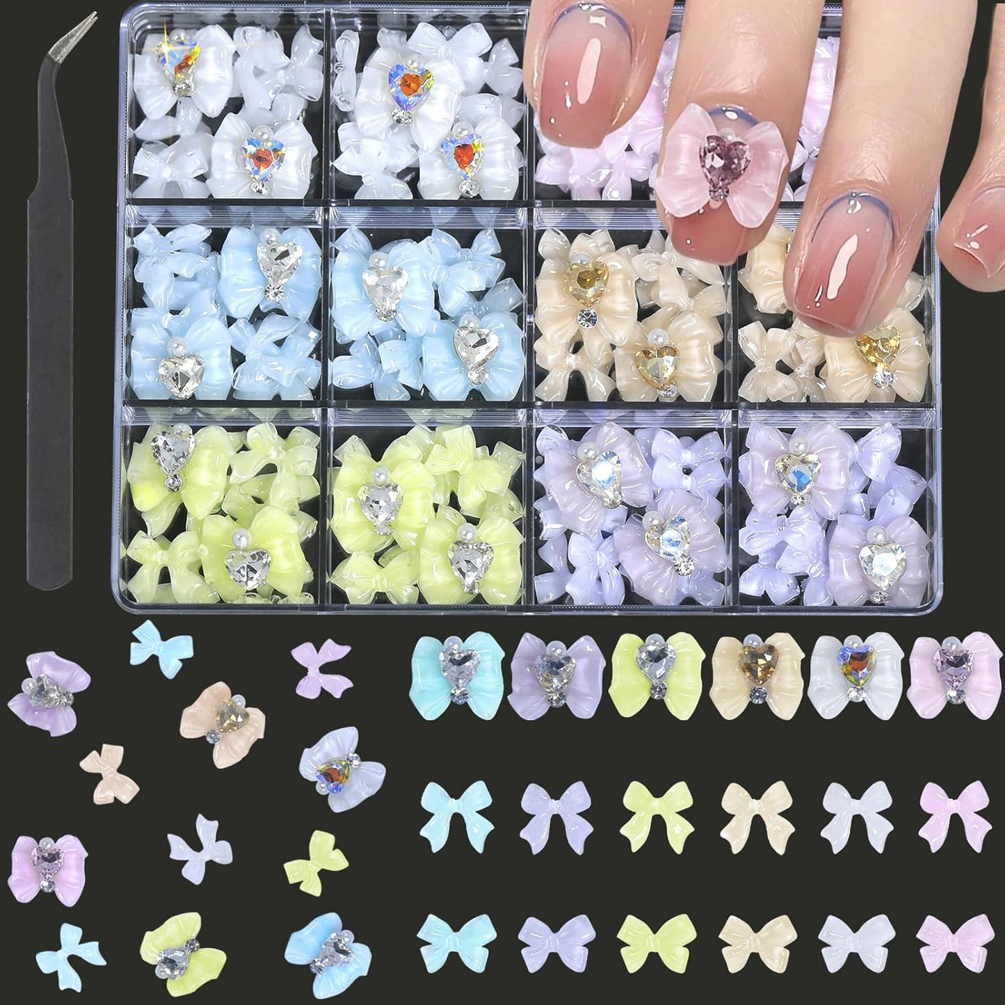 HNUIX Bow Nail Charms - Champagne, AB, White, Heart Rhinestones for Acrylic Nails, with Kit, for Nail Art, DIY Crafts Decor