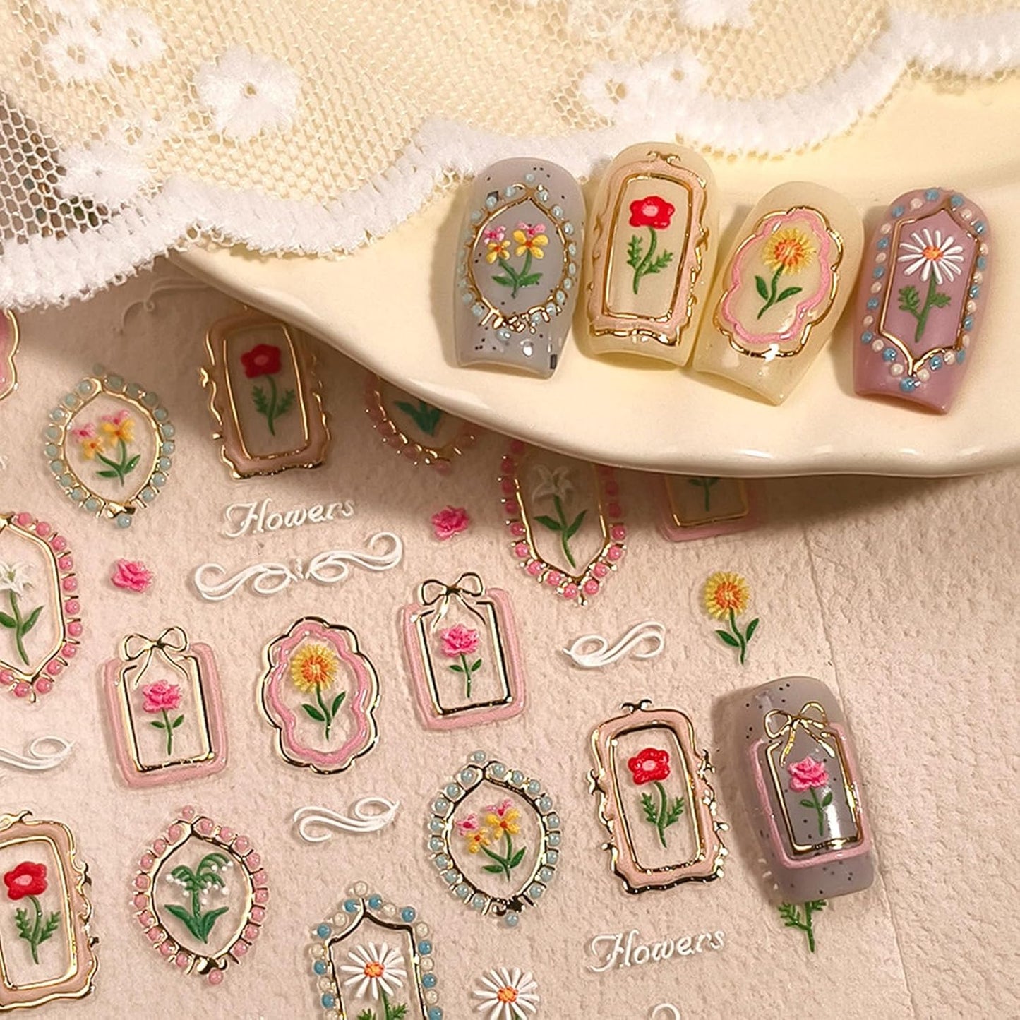 Tulip 5D Embossed Nail Art Stickers, Self-Adhesive Floral Design Decals with Golden Frames, Spring Summer Manicure Decorations for Women, 2 Pieces