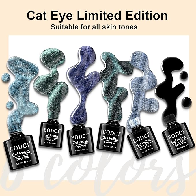 Blue Tears Cat Eye Gel Nail Polish, 7.5ml*6 with Magnets Stick, Galaxy Chameleon Effect Silky Cat Eye Nail Gel Soak Off Nail Art Salon Manicure Home Ladies Gift