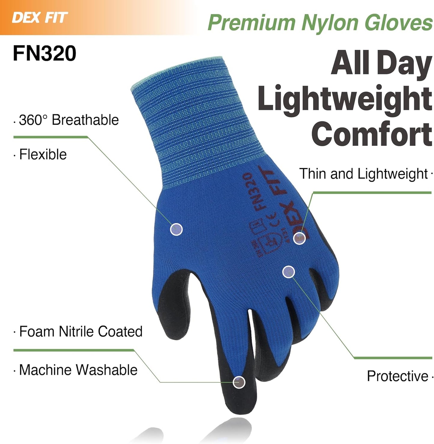 DEX FIT Nylon Work Gloves FN320, 3D Comfort Fit, Power Grip, Lightweight, Touchscreen for Men & Women, Breathable & Flexible for Yard Work DIY Mechanic Warehouse; Blue 8 (M)