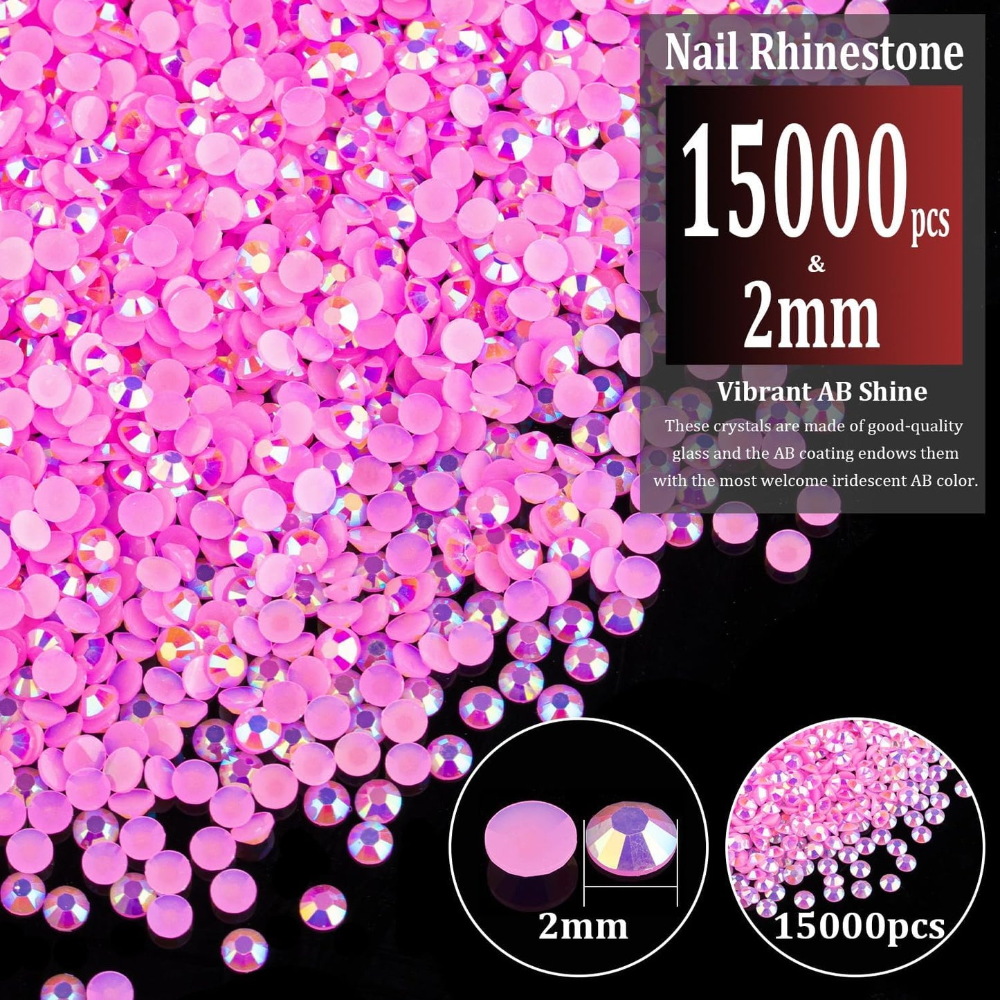 15000pcs 2mm Resin Rhinestones Bulk, Pink AB Flatback Round Jelly Rhinestones Bedazzling Non Hotfix Crystal Gems Large Quantity Wholesale for DIY Crafts Clothes Bottles Tumblers Face Makeup Manicure