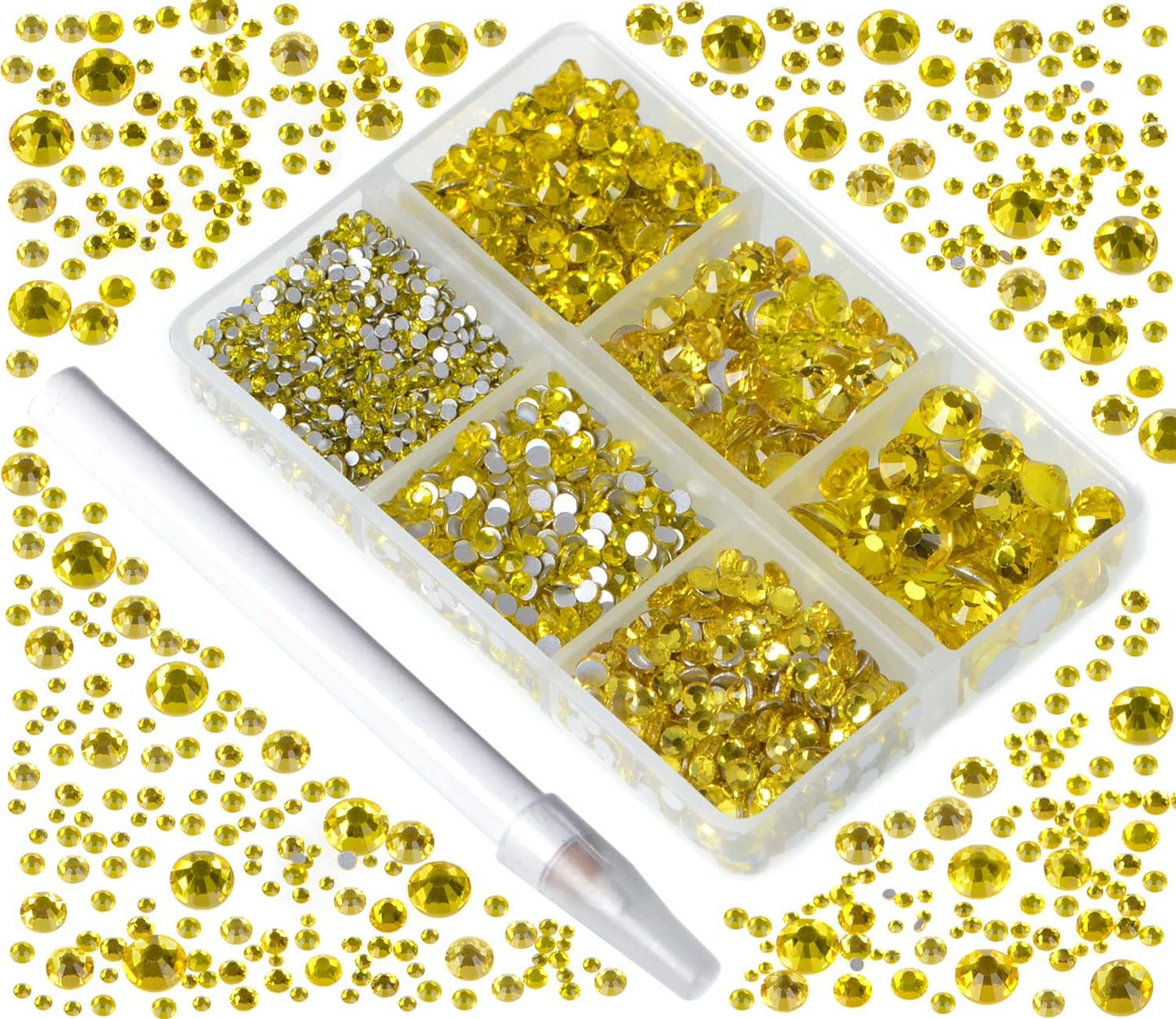 Bymitel 5000 Pieces 6 Mixed Sizes Glue Fix on Glass Rhinestones Round Crystal Gems Flatback for DIY Jewelry Making with one Picking Pen (6-Sizes 5000PCS, Citrine)