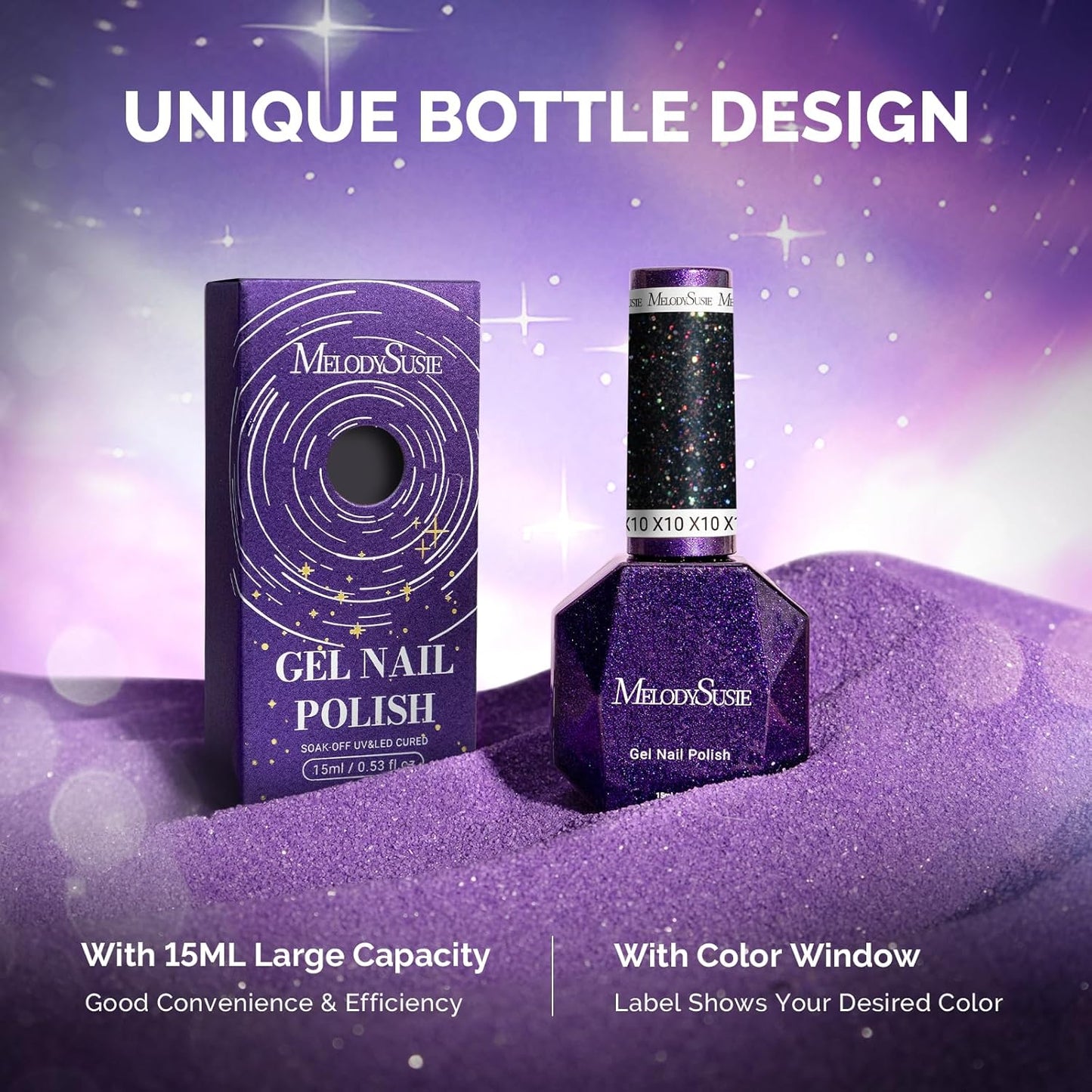 MelodySusie Galaliver Glitter Gel Nail Polish, 15ML Sparkly Shimmer Gel Polish Soak Off UV LED Cured Long Lasting Gift for Women DIY Nail Design Nail Art Manicure Colorful Black X10