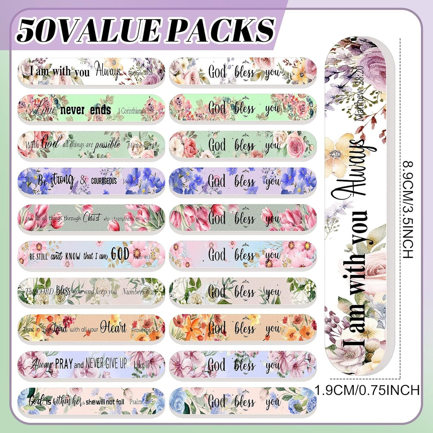 50 Pack Christian Gifts for Women Bulk Mini Bible Verse Scripture Nail Files Floral Emery Boards 10 Styles Christian Religious Appreciation Party Gifts for Team Employee Coworkers