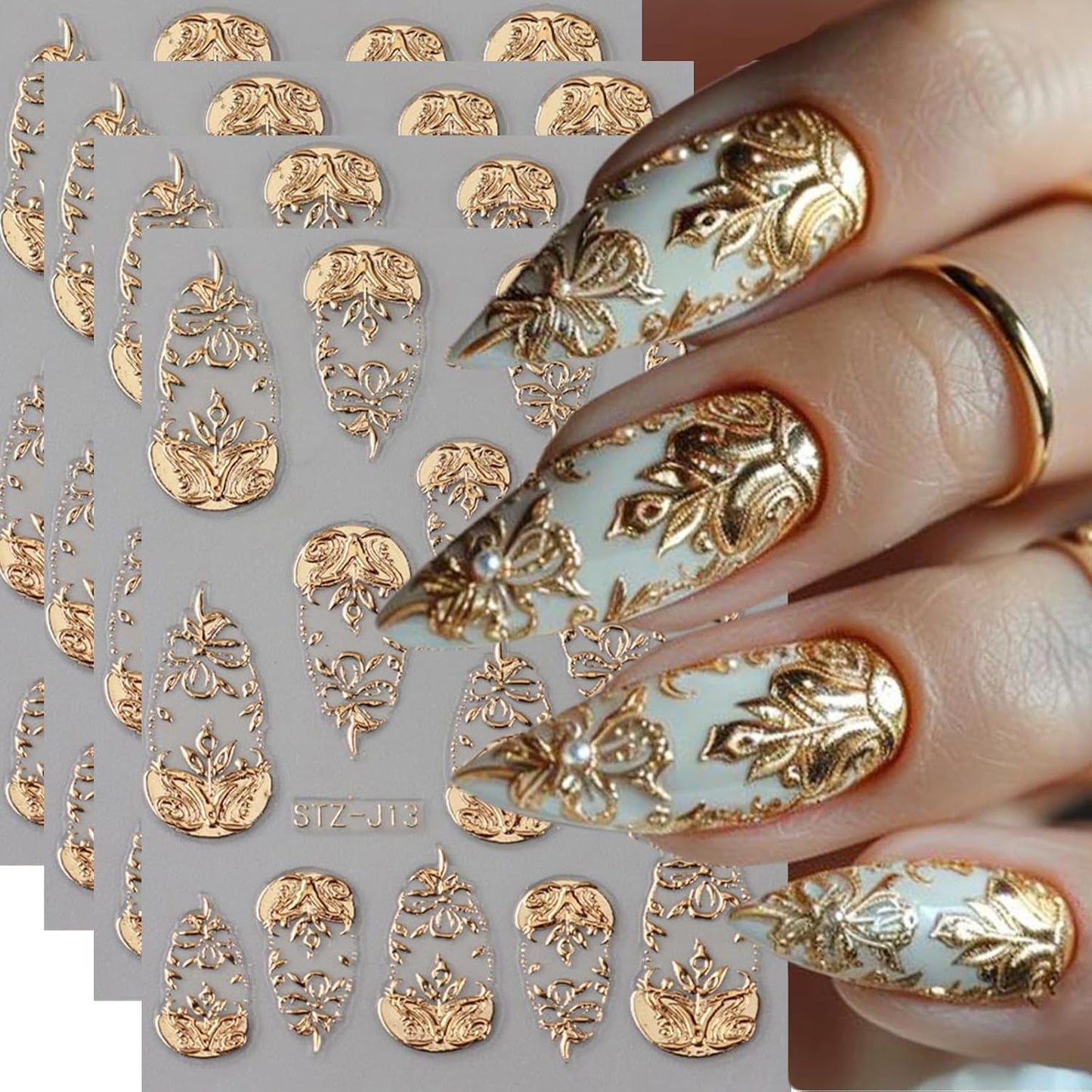 4 Sheets Gold Nail Art Stickers 5D Embossed Flower Nail Decals Metallic Totem Leaves Floral Nails Design Manicure Sliders Self Adhesive French Retro Golden Foil Nail Art Supplies for Women DIY Nail
