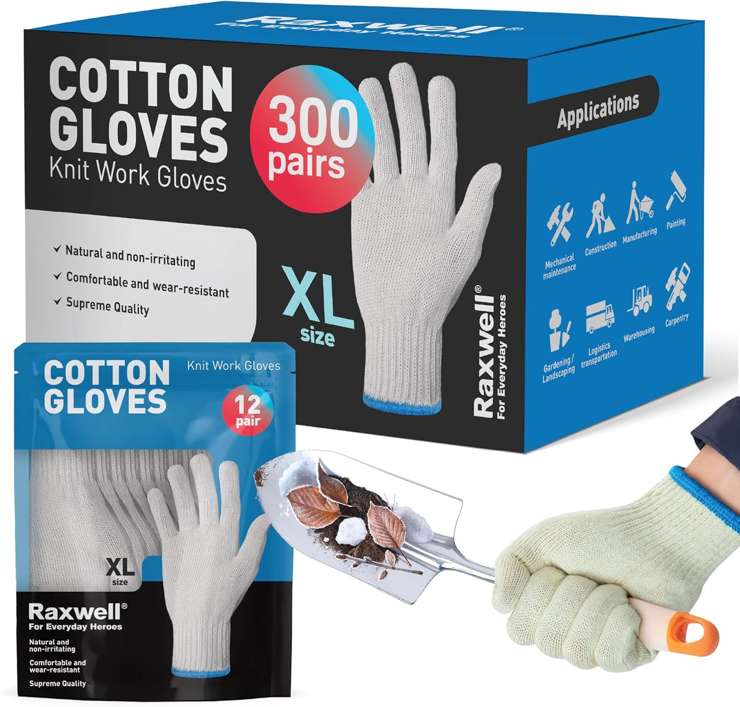 Raxwell White Cotton Gloves, 300 Pairs Bulk Case – Durable Knit Work Liners for BBQ, Painting, Gardening, Industrial, Mechanical Use, X-Large Size, Breathable, Comfortable