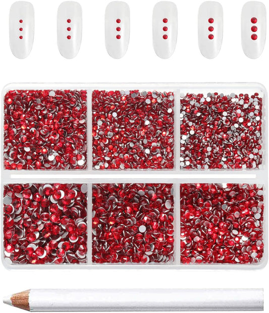 Beadsland 7200pcs Flatback Rhinestones,Red Rhinestone Nail Gems Round Crystal Rhinestones for Crafts,Mixed 6 Sizes with Wax Pencil Kit, SS3-SS10,Siam