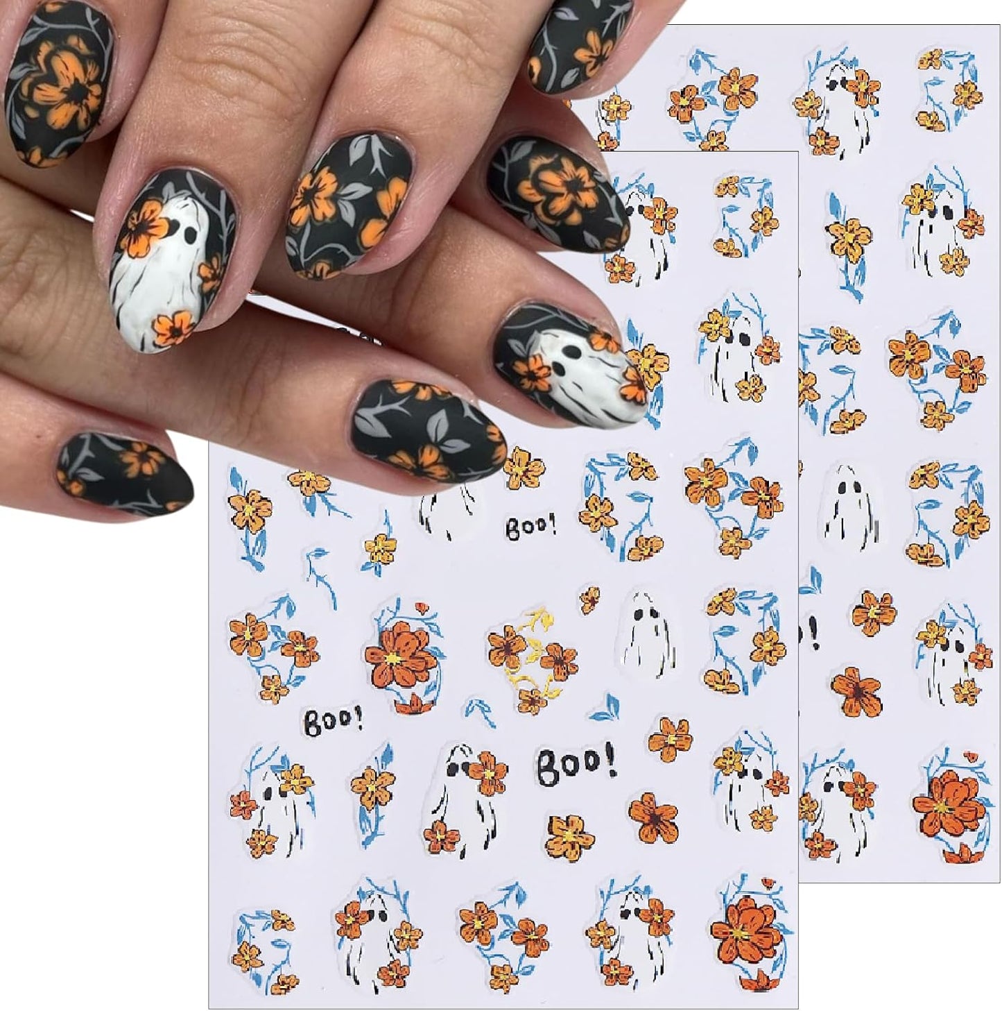 8 Sheets Halloween Nail Art Stickers Decals Halloween Cute Ghost Flower Nail Stickers Gold and Silver Hibiscus Flowers Designs Nail Decals for Women Girls DIY Manicure Decorations