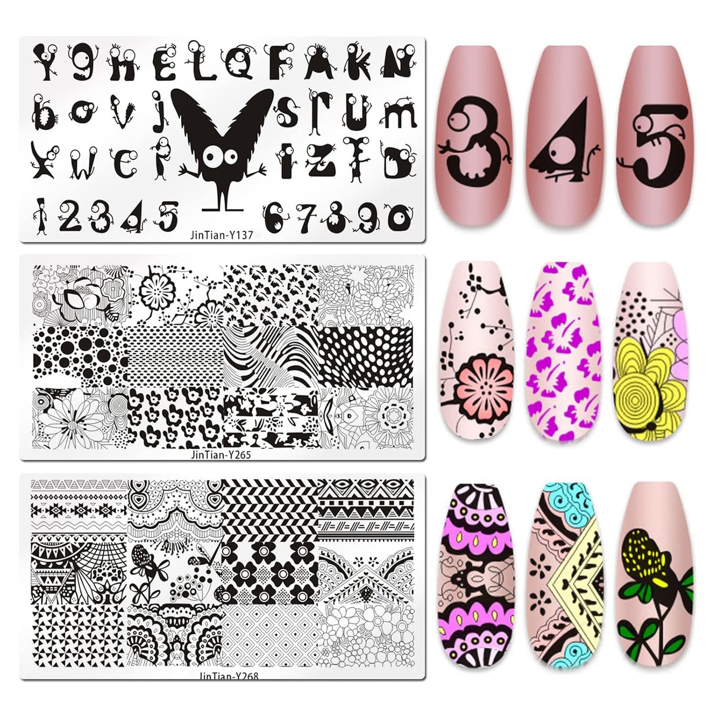 LoveOurHome Nail Stamping Plate Kit Letter Butterfly Lace Geometry Floral Fingernails Template Stencil Stamps Plate Silicone Stamper Scraper Manicure Design Tools Set (Letter)