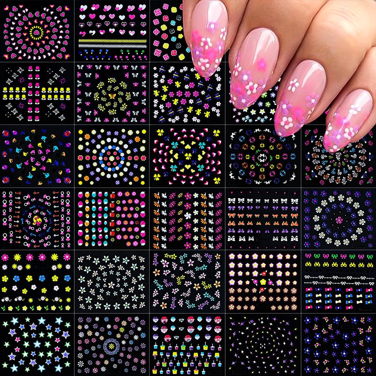 30 Sheets Flowers Nail Art Sticker Decals 3D Self-Adhesive Flower Nails Sticker for Nail Art Colorful Cute Butterfly Stars Nail Art Design Decoration Accessories for Women DIY Acrylic Nail