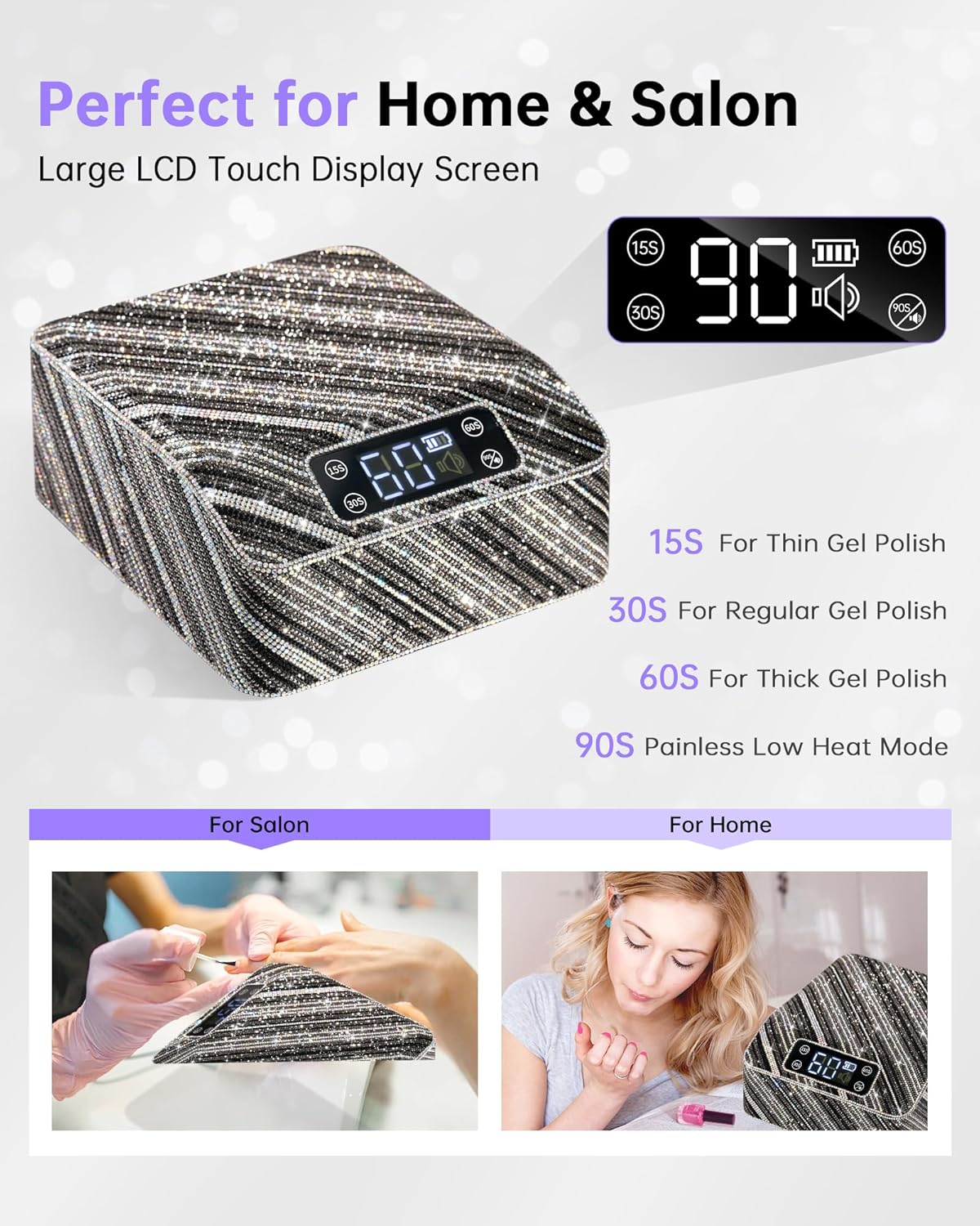 UV Nail Lamp, Rechargeable LED Nail Dryer Sparkly Gel Polish Light 4 Timer Setting Professional Quick Dry Curing Lamp with Display Auto Sensor for Salon & Home, Zebra Diamond