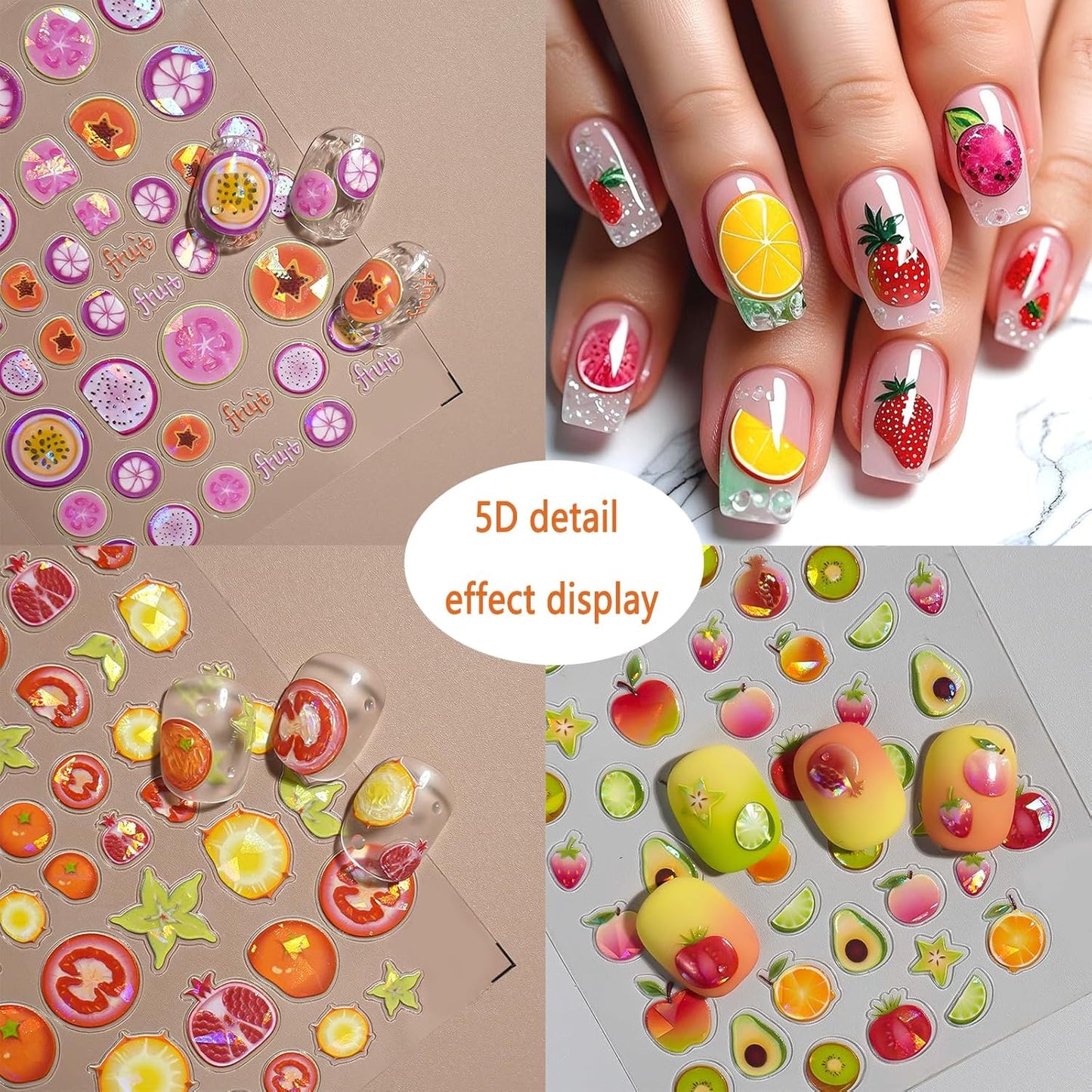 3 Sheets Summer Fruit Nail Art Stickers 5D Self-Adhesive Shell Light Embossed Lemon Orange Strawberry Nail Decals Cute Carambola Avocado Cherry Nail Supplies Women DIY Nail Art Decoration
