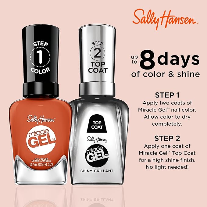Sally Hansen Miracle Gel Salon Quality Nail Polish | Gel-Like Formula, Two-Step System, No UV Light Needed, Long Lasting | Opaque | 388 A Hot Minute | Burnt Orange Nail Color
