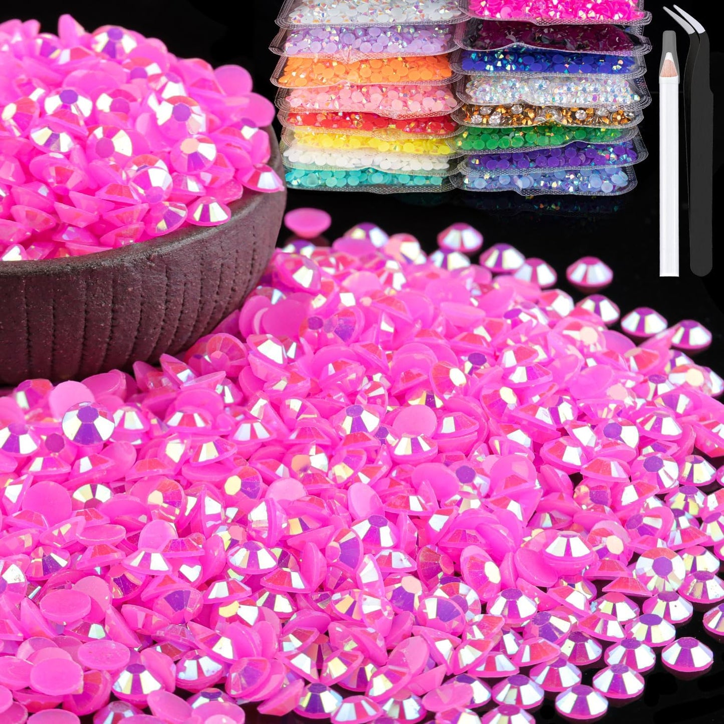 15000pcs 2mm Resin Rhinestones Bulk, Hot Pink AB Flatback Round Jelly Rhinestones Bedazzling Non Hotfix Crystal Gems Large Quantity Wholesale for DIY Crafts Clothes Tumblers Face Makeup Manicure