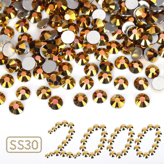 2000PCS Gold Rhinestones Bulk, Flat Back Crystal Glass Stone Round Gems,SS30, 6.4-6.6mm