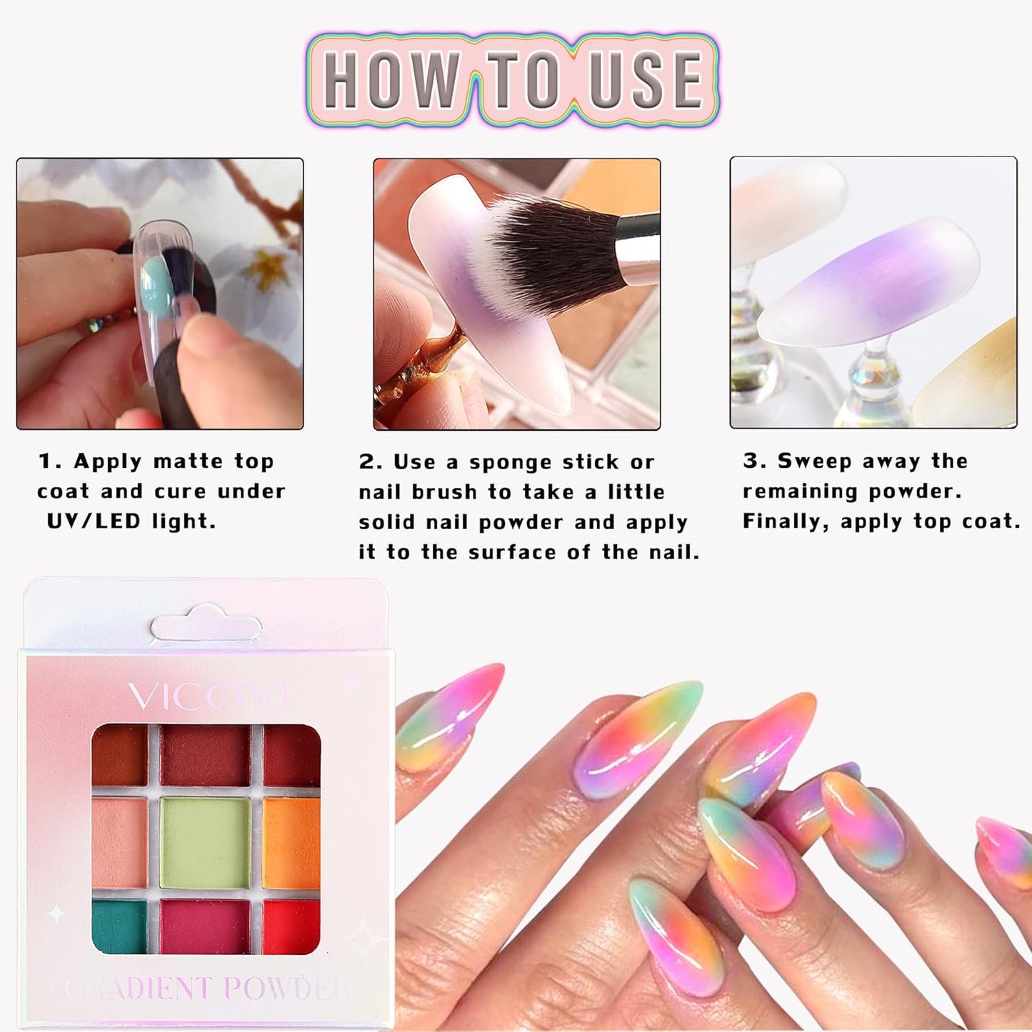 Nail Powder Pigment Palette - 9 Colors Ombre & Gradient Nail Art Design - Includes 5 Sponge Sticks & 1 Brush - DIY Manicure Kit for Beginners