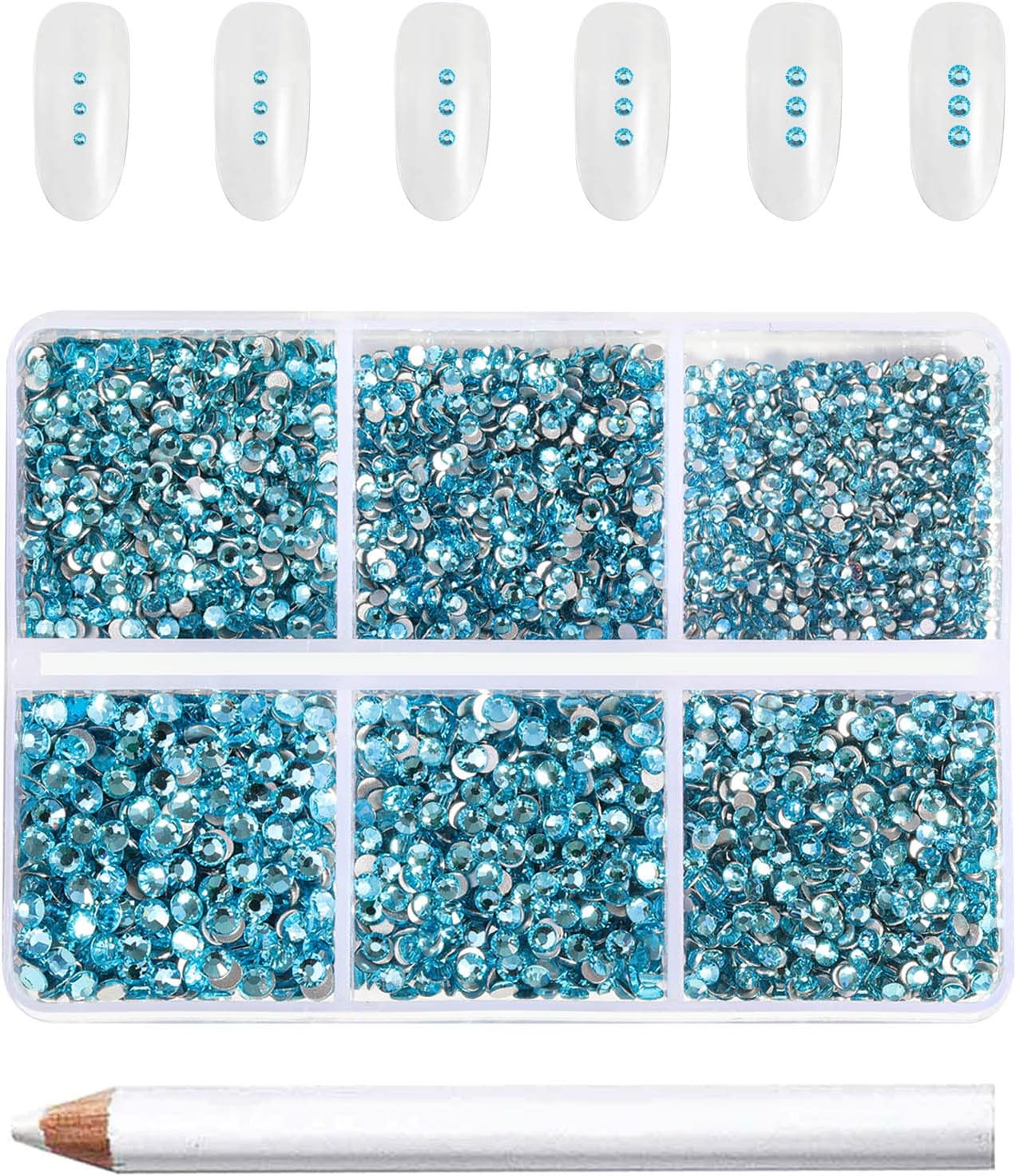 Beadsland 7200pcs Flatback Rhinestones,Blue Rhinestone Nail Gems Round Crystal Rhinestones for Crafts,Mixed 6 Sizes with Wax Pencil Kit, SS3-SS10,Aquamarine