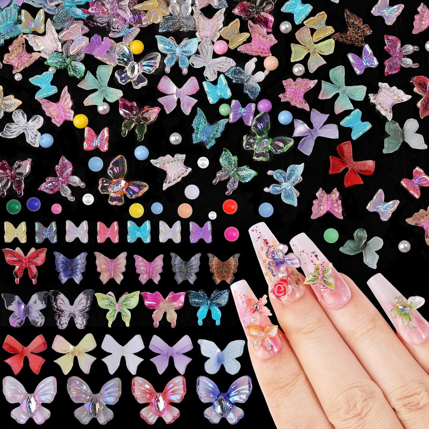 300Pcs Assorted Butterfly Nail Charms Kit, 100Pcs 3D Nail Butterfly Charms and 100Pcs Pearls with 100Pcs Macaron Beads, Colorful Butterflies Tiny Gems Round Beads for Women Manicure Craft DIY