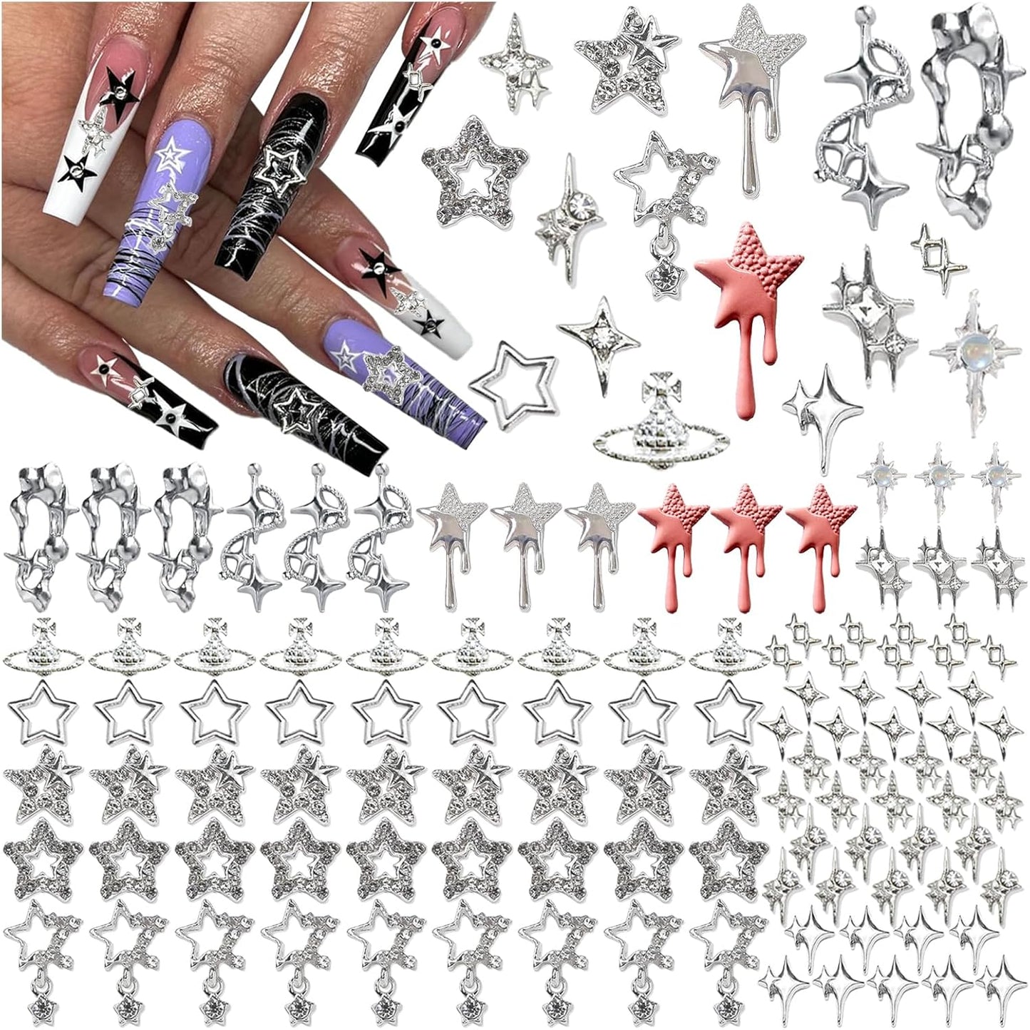 124PCS Star 3D Nail Charms for Acrylic Nails, Silver Nail Gems Alloy Starburst Nail Accessories, Nail Rhinestones for Nail Art Supplies Manicure Craft DIY