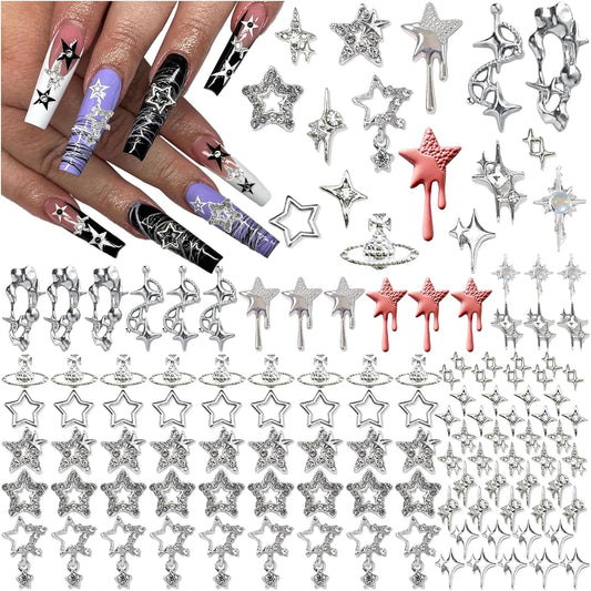124PCS Star 3D Nail Charms for Acrylic Nails, Silver Nail Gems Alloy Starburst Nail Accessories, Nail Rhinestones for Nail Art Supplies Manicure Craft DIY