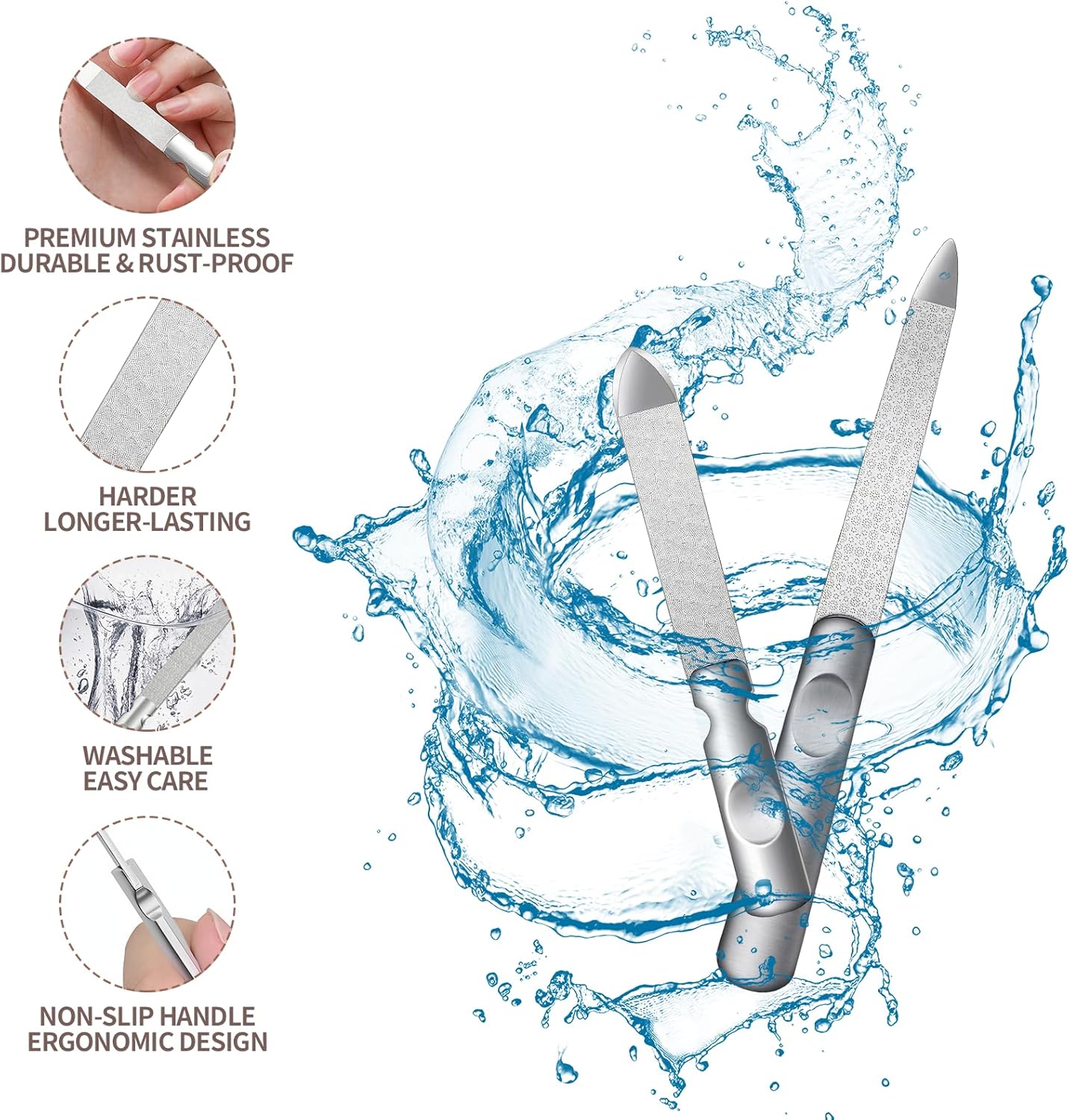 Metal Nail File (2 Pcs), Nail Files for Natural Nails & Toenails, Thick Nails Made of Stainless Steel, Double Sided Metal Nail Files with Anti-Slip Handle for Fingernail Toenail, Home or Salon Use