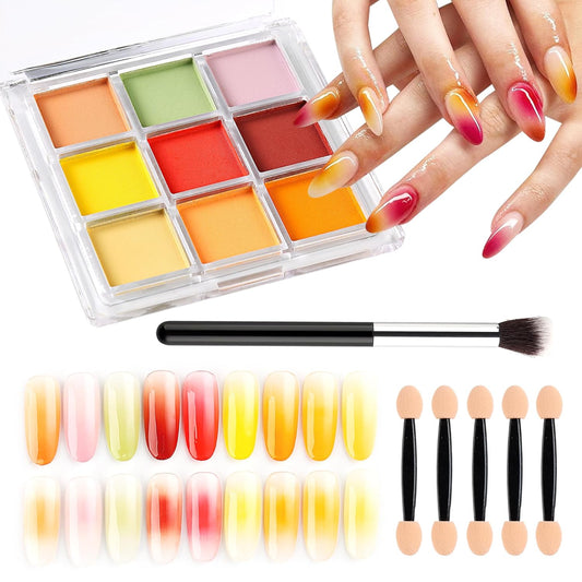 Nail Pigment Powder 9 Colors Nail Pigment Palette Gradient Ombre Color Nails Fine Solid Neon Powder for DIY Design Manicure Beginners -Includes 5 Sponge Sticks 1 Brush #10