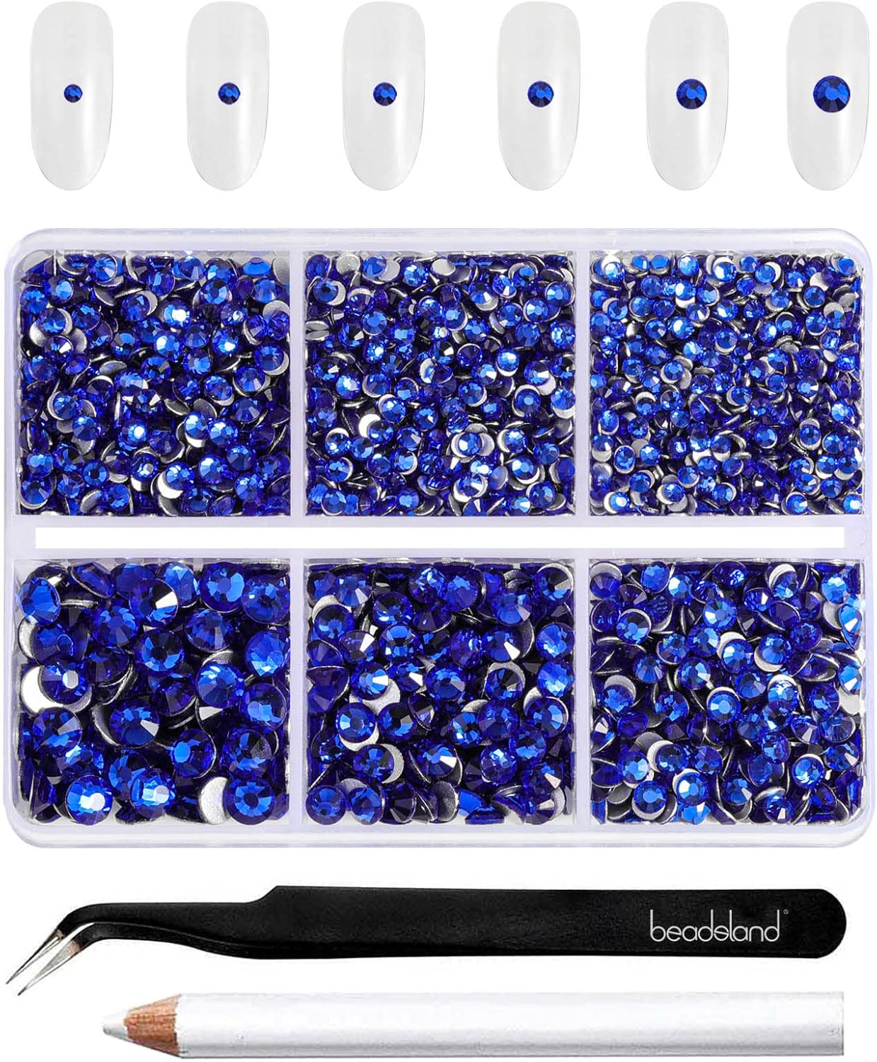 Beadsland 4300pcs Flatback Rhinestones,Royal Blue Rhinestone Nail Gems Round Crystal Rhinestones for Crafts,Mixed 6 Sizes with Picking Tweezers and Wax Pencil Kit, SS6-SS20,Sapphire
