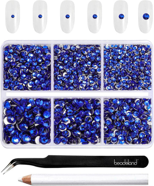 Beadsland 4300pcs Flatback Rhinestones,Royal Blue Rhinestone Nail Gems Round Crystal Rhinestones for Crafts,Mixed 6 Sizes with Picking Tweezers and Wax Pencil Kit, SS6-SS20,Sapphire